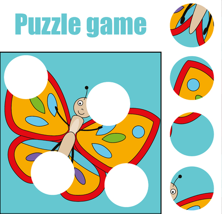 Matching children educational game. Match pieces and complete the picture with butterfly. Puzzle kids activityのイラスト素材