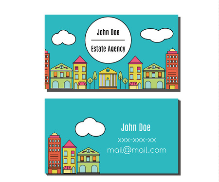 Business card design template. Vector flyer with city street buildings view. Elegant card for estate agency, architecture office and etcのイラスト素材