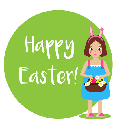 Easter greeting card, seasonal background. Cute kawaii smiling girl with bunny ears and eggs in basket. Vector illustrationのイラスト素材