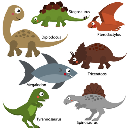 Cute dinosaurs set. Cartoon dino characters, isolated elements for kids design, educational children infographics. Diplodocus, Tyrannosaur, Triceratops and other prehistoric creatures. vector illustrationのイラスト素材