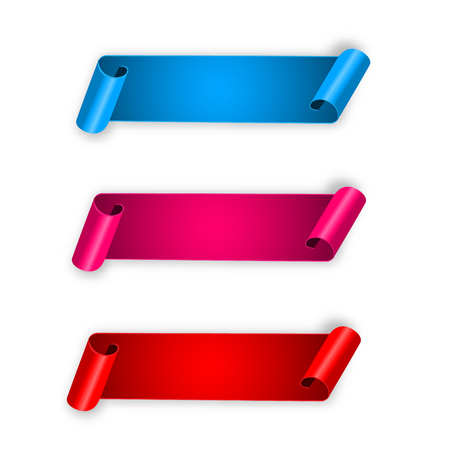 Realistic ribbons, paper scroll banners isolated on white. Vector illustration. Red, pink, blue elements. Design template for advertisement, greetings, presentation.のイラスト素材