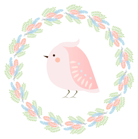 Cute spring bird and feathers wreath. Seasonal vector illustrationのイラスト素材