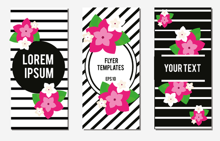 Flyer design template with striped background and exotic pink flowers. Vector illustrationのイラスト素材