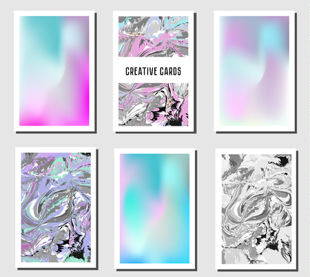 Artistic creative cards. Modern marbling and holographic trendy banners, backgrounds. Fashionable cards design templatesのイラスト素材