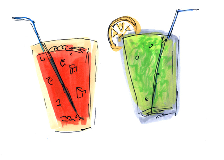 Hand drawn marker lemonade glasses. Doodle summer drinks. Illustration isolated on white background. Design elementsの写真素材