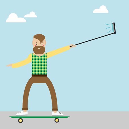 Hipster man character on skateboard making selfie photo with selfie stick. Vector illustration. Modern smiling man riding skate, outdoor activityのイラスト素材