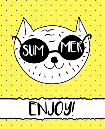Doodle cat in summer sunglasses. Modern postcard, flyer design template. Seasonal card, advertisement bannerのイラスト素材