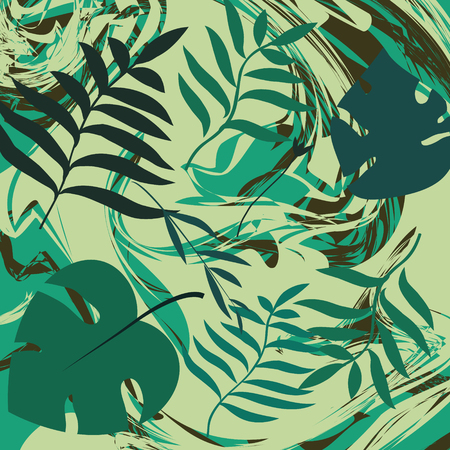 Artistic tropic backgound. Tropical leaves on green marble texture. Design template.のイラスト素材