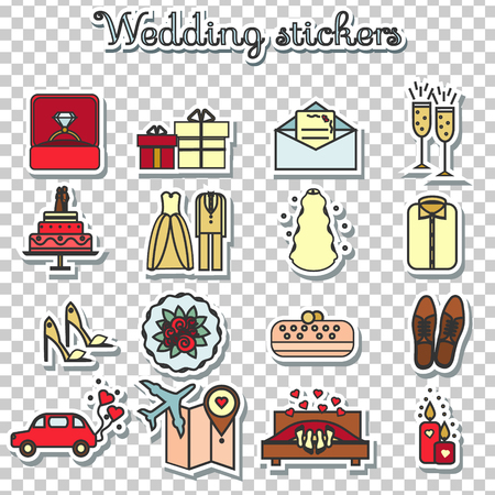 Wedding stickers. Marriage, engagement, honeymoon vector icons set. Bride and groom theme. Isolated design elements.のイラスト素材