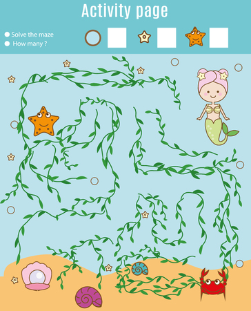 Activity page for kids. Educational game. Maze and counting game. Help mermaid find pearl. Fun for preschool years children. Fun for preschool years children. Learning mathematicsのイラスト素材