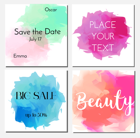 Cards design template with watercolor effect stains. Flyers. Fashionable invitations, advertisement banners, brochuresのイラスト素材