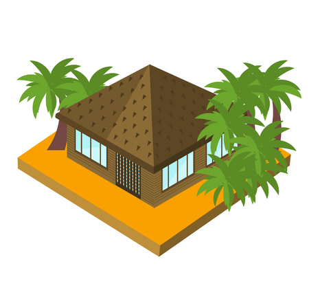 Bungalow with palm trees. Isometric vector icon for touristic business. Tropic house isolated on white.のイラスト素材