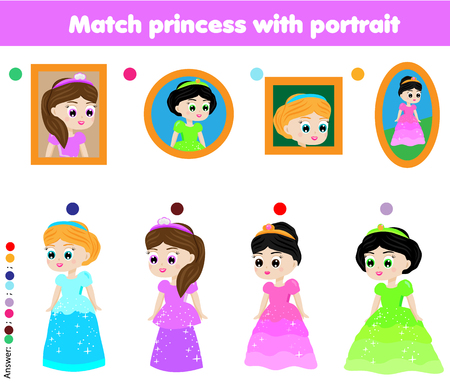 Children educational game. Kids activity. Matching pairs. Find the correct portrait of beautiful princessのイラスト素材
