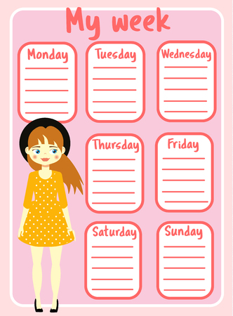Kids timetable with beautiful teen character. Weekly planner for children girls. School schedule design template. Vector illustrationのイラスト素材