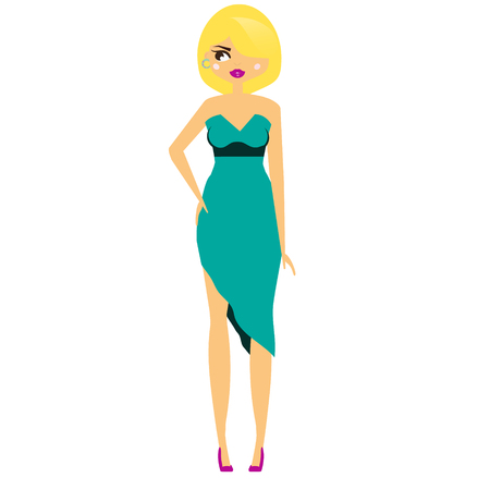 Sexy cartoon woman in party cocktail dress. Fashionable female in dressy blue outfit. Vector illustrationのイラスト素材