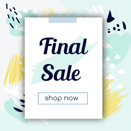Sale banner with fashionable hand drawn style background. Cold colors. Advertisement design template. For social media, stores and shops.のイラスト素材