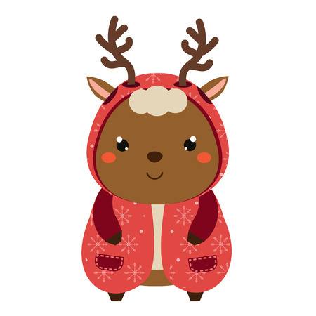 Cute reindeer in knitted coat. Cartoon kawaii animal character. Vector illustration for kids and babies fashion.のイラスト素材