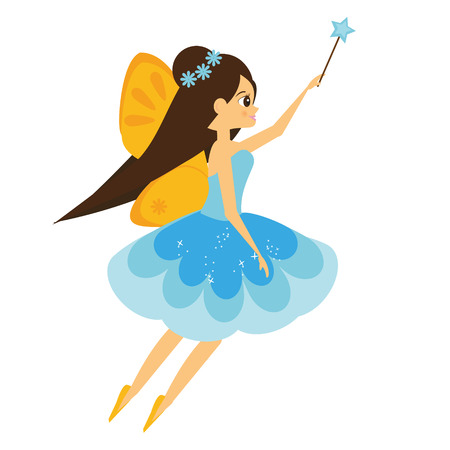 Beautiful flying fairy character with yellow wings. Elf princess with magic wand. Vector illustration in cartoon style for kids and babiesのイラスト素材