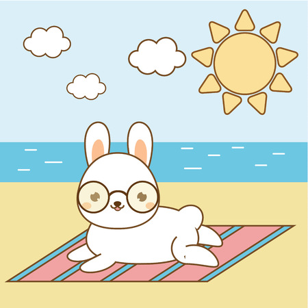 Cute hare sunbathing. Kawaii rabbit on the beach. White bunny lying on seashore. Summer holidays themeのイラスト素材