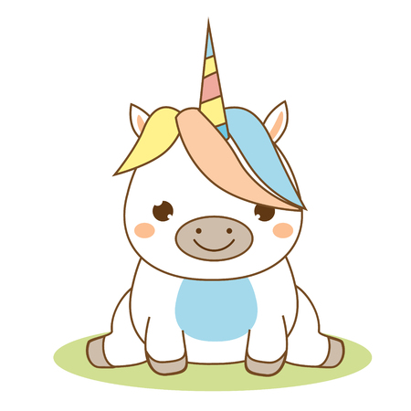 Cute unicorn sitting. Kawaii style. Cartoon magic animal character for kids, toddlers and babies fashion. Isolated vector design elementsのイラスト素材