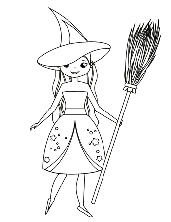 Coloring page for children. Cute witch holding broom. Girl in Halloween costume. Drawing kids activity. Printable fun.のイラスト素材