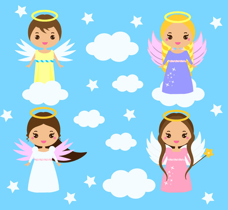 Cute angels. Kawaii style. Boys and girls with wings on clouds among stars. Design elements for greeting cards, communion, christening, Christmas and otherのイラスト素材