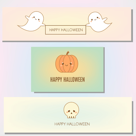 Happy halloween banner with cute characters in kawaii style. Ghosts, pumpkin, skullのイラスト素材