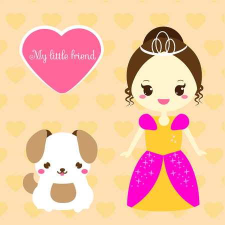 Cute princess with pet. Girl in blue dress and unicorn. Vector illustration in kawaii style for print design and kids fashionのイラスト素材