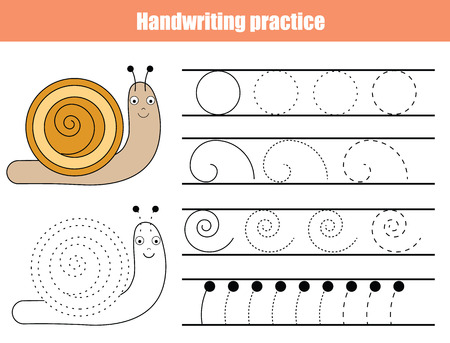 Handwriting practice sheet. Educational children game, printable worksheet for kids. Writing training printable worksheet with spirals and cartoon snailのイラスト素材