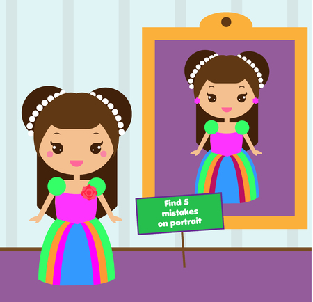 Find the differences educational children game with answer. Kids activity sheet with beautiful girl princess and castleのイラスト素材