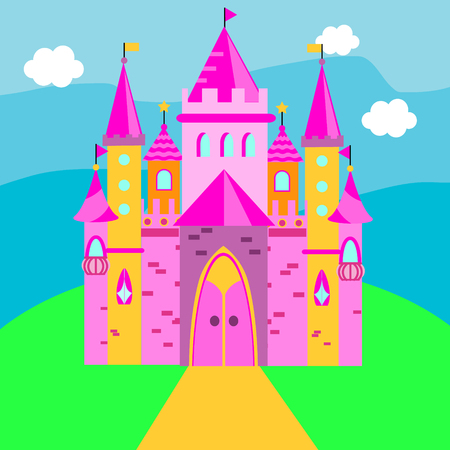 Fairy castle, Pink palace on green grass. Vector illustration for children, kids talesのイラスト素材
