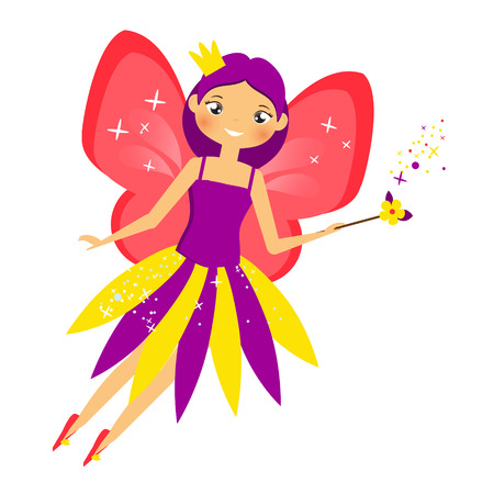 Beautiful flying fairy in crown flapping magic stick. Elf princess with wand. Cartoon style. Isolated Vector illustration in cartoon style for kids and babiesのイラスト素材