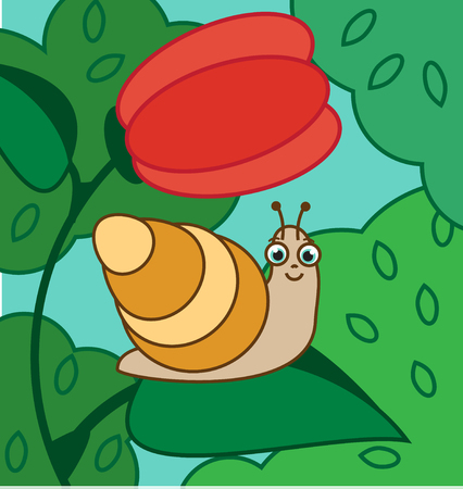 Cartoon snail on flower leaf. Vector illustration for kidsのイラスト素材