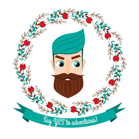 Cartoon bearded man in flower wreath. Handsome hipster male face. Emblem with text say yes to adventures. Vector illustration for prints and inspirational cards, stickersのイラスト素材