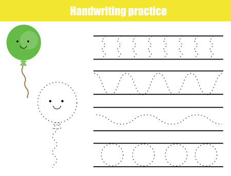 Handwriting practice sheet. Educational children game, printable worksheet for kids. Writing training printable worksheet with waves and balloonのイラスト素材