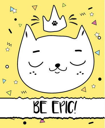 Doodle cat in crown. Modern postcard, print design template. Inspirational greeting card.のイラスト素材