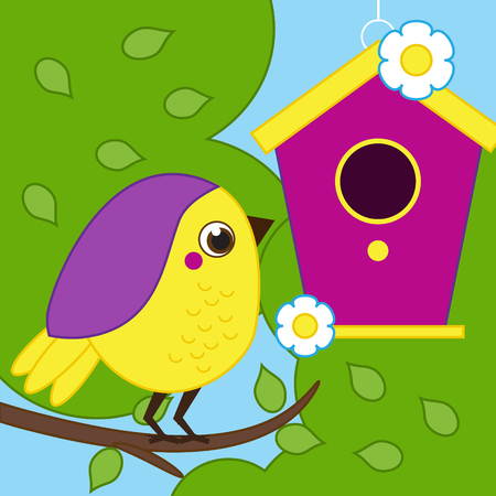 Cartoon bird sitting on tree branch near birdhouse.のイラスト素材