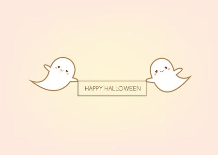 Happy halloween greeting card design template. Holiday banner with cute ghosts in cute style. Party invitation, backgroundのイラスト素材