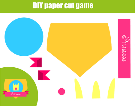 DIY children educational creative game. Make a princess shield with scissors and glue. Paprecut activity. Creative printable tutorial for kids.のイラスト素材