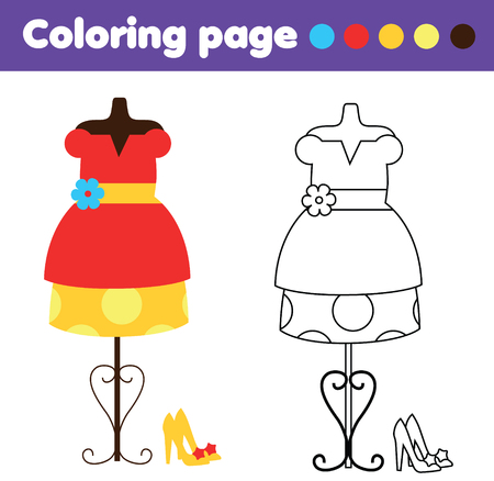 Coloring page with fashionable dress and shoes. Color the picture. Educational children game, drawing kids activity, printable sheet.のイラスト素材