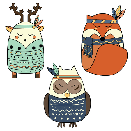 Winter boho animals in hand drawn style. Tribal deer, fox and owl.のイラスト素材