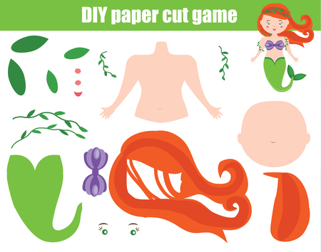 DIY children educational creative game. Make a mermaid with scissors and glue. Papercut activity. Creative printable tutorial for kidsのイラスト素材