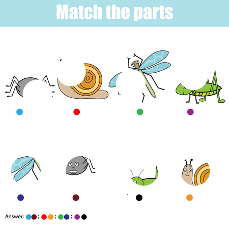 Matching children educational game. Match insects parts. Find missing puzzle. Activity for pre school years kidsのイラスト素材
