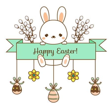 Happy Easter greeting banner.Sweet easter rabbit hanging on a blue ribbon. Line art styleのイラスト素材