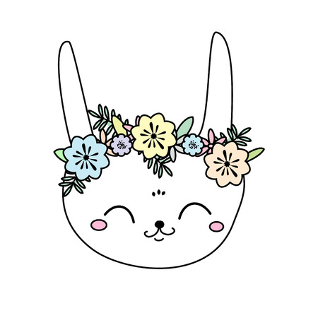 Cute rabbit. Bunny. Sweet little Hare. Cartoon animal face for kids, toddlers and babies fashion. Easter rabbit with flowersのイラスト素材