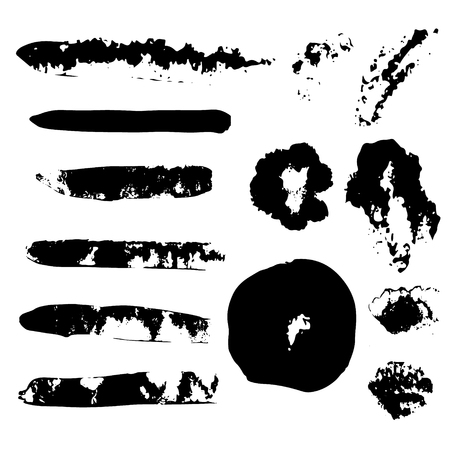 Set of hand drawn grunge strokes. Black ink brush strokes, stains and blots isolated on white. Abstract shapesのイラスト素材