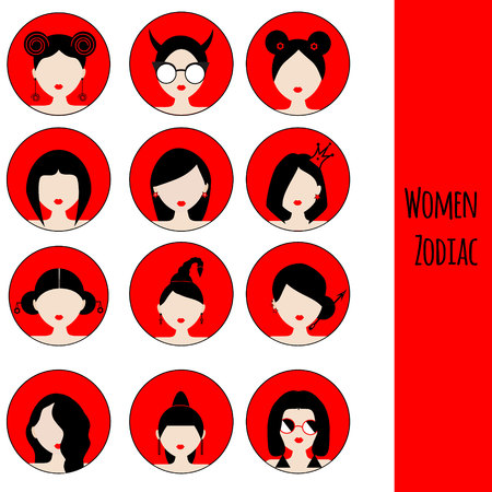 Women Astrological Zodiac Signs. Vector Set. Female faces icons in red and black colorsのイラスト素材