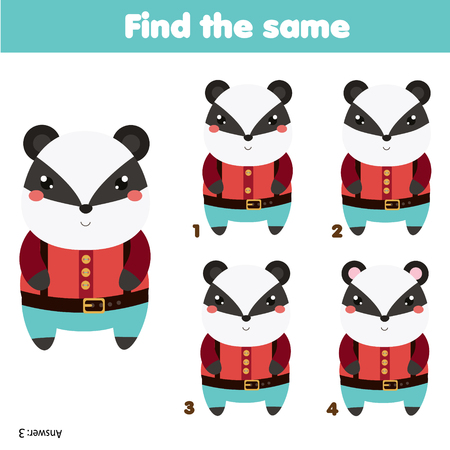 Find the same pictures. Children educational game. Find equal pairs of badgers. Animals theme activity for toddlersのイラスト素材