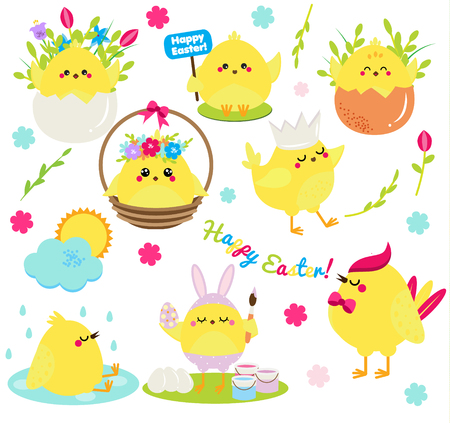 Cute cartoon chickens set. Easter chickens in eggs anf flowers, singing, painting and having fun. Isolated clip art for Easter design, stickers, greetingsのイラスト素材