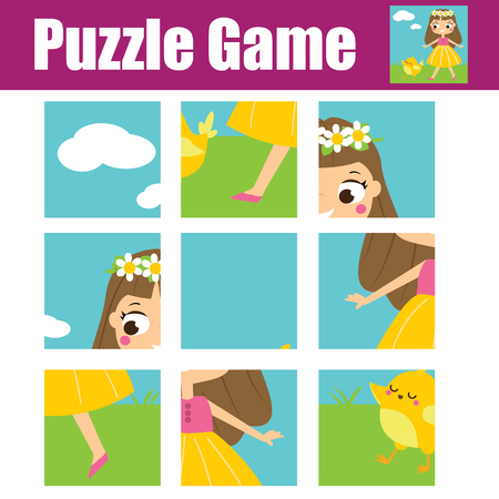 Puzzle for toddlers. Educational game. Complete the picture. Activity for pre school years kids. Girl with chickenのイラスト素材